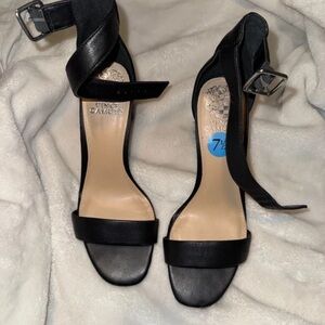 Vince Camuto Black Leather Open-Toe Ankle-Strap Heels